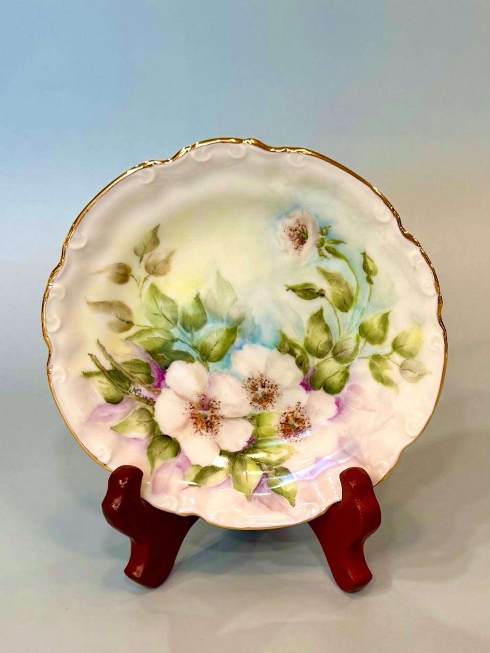 Antique Hand Painted Porcelain Footed Floral Trinket Dish 6" Circa 1890-1915